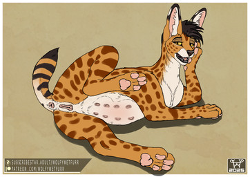 8_nipples animal_genitalia anus countershading eyelashes female feral genitals hand_on_face inner_ear_fluff looking_at_viewer lying markings multi_nipple nipples open_mouth orange_body pawpads paws pink_pawpads quadruped solo spots tuft vulva wolfywetfurr_(artist) felid feline kestral mammal serval