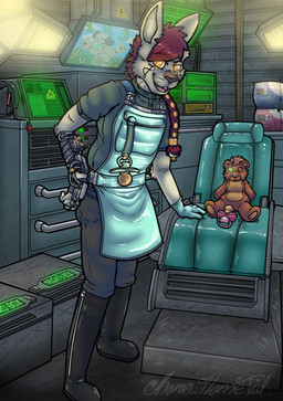 anthro apron boots bottomwear chair clothed clothing cybernetics detailed_background diaper diaper_bulge diaper_package diaper_under_clothing footwear furniture gloves handwear machine male male_anthro medical medical_gloves pacifier pacifier_clip pants plushie screen shirt shoes solo standing topwear wearing_diaper charry lagomorph leporid mammal rabbit hi_res