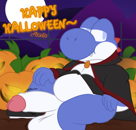 balls big_balls big_penis detailed_background fangs food fruit gate genitals holidays humanoid_genitalia humanoid_penis male moon night penis plant pumpkin sitting smug smug_face solo teeth vampire_costume henrique_rick halloween mario_bros nintendo lickid blue_yoshi vampire yoshi absurd_res digital_drawing_(artwork) digital_media_(artwork) hi_res