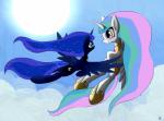 blue_eyes cutie_mark day duo female feral flying hair hooves horn multicolored_hair outside smile sun wings queenbloodysky friendship_is_magic hasbro my_little_pony mythology princess_celestia_(mlp) princess_luna_(mlp) equid equine mammal mythological_creature mythological_equine winged_unicorn absurd_res hi_res