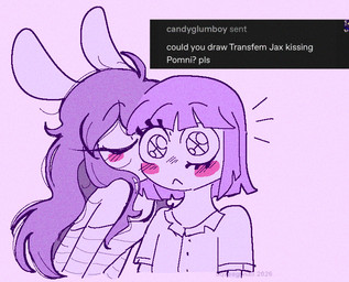 ahoge anthro big_eyes blush duo eyelashes eyes_closed female hair kissing_cheek long_hair medium_hair off-shoulder_top text tumblr_ask squeegsnail glitch_productions the_amazing_digital_circus gooseworx's_post-transition_jax_design jax_(tadc) pomni_(tadc) human lagomorph leporid mammal rabbit 2026 digital_drawing_(artwork) digital_media_(artwork) english_description english_text monochrome restricted_palette trans_(lore) trans_woman_(lore)