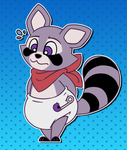 3_toes ambiguous_gender anthro black_body black_fur black_nose black_stripes black_tail blush blush_lines bodily_fluids clean_diaper clothed clothing diaper dotted_background facial_markings feet flying_sweatdrops fur gradient_background grey_body grey_fur grey_inner_ear grey_tail hands_behind_back head_markings kerchief leg_markings looking_down markings neckerchief neckwear pattern_background red_kerchief red_neckerchief safety_pin simple_background socks_(marking) solo striped_markings striped_tail stripes sweat sweatdrop tail tail_markings tan_body tan_fur toes wavy_mouth wearing_diaper white_diaper ire-k indigo_park rambley_raccoon mammal procyonid raccoon 2024 hi_res