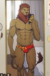 abs anthro bed bedroom biceps blue_eyes boots bulge claws clothing detailed_bulge dreamcatcher footwear furniture genital_outline male mane mirror mirror_selfie muscular muscular_anthro muscular_arms muscular_male muscular_thighs nails nipples pecs penis_outline poster poster_(object) red_clothing red_underwear selfie shoes solo tail tail_tuft thick_thighs tuft underwear window elafi felid feline lion mammal pantherine absurd_res hi_res