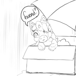 1_horn abandoned accessory ambiguous_feral ambiguous_gender baby_talk box cardboard cardboard_box container dialogue feral fur hair hair_accessory hairpin hooves horn offscreen_character open_mouth raining solo sparkles sparkling_eyes teeth text umbrella wet wet_body wet_fur young young_ambiguous young_feral lemoncurds fluffy_pony fluffy_pony_(species) mammal 1:1 2021 english_text hi_res monochrome