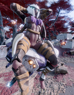 4_arms 4_eyes abs armor belt blue_eyes breasts brown_body brown_exoskeleton clothing exoskeleton female genitals glowing glowing_eyes hand_on_breast hands_behind_head headgear ineffective_clothing machine mostly_nude multi_arm multi_eye multi_limb outside plant sharp_teeth sitting solo teeth text tree vulva wraps juanratman pickle_juice_(modeler) bungie destiny_(series) alien arthropod eliksni 3d_(artwork) absurd_res digital_media_(artwork) english_text hi_res