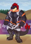 anthro bike_suit bulge clothing hypnosis hypnotic_eyes male mind_control muscular muscular_male ringed_eyes solo text tongue tongue_out zonked nokucroc mythology dragon mythological_creature mythological_scalie scalie absurd_res hi_res japanese_text