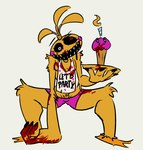 4_fingers ambiguous_gender anthro areola areola_slip arm_tuft bib big_hands black_nails black_sclera blonde_pubes blood blood_on_arm blood_on_body blood_on_breast blood_on_hand blood_on_leg blood_on_mouth blood_on_teeth blue_eyes bodily_fluids breasts candle clothing colored_nails crouching duo elbow_tuft feet female female_anthro fingers food head_tuft holding_object holding_tray knee_tuft leg_tuft machine nails open_mouth open_smile orange_feet panties pink_cheeks pink_clothing pink_panties pink_underwear print_bib pubes pubes_exposed sharp_teeth shoulder_tuft simple_background small_breasts smile teeth text text_on_bib tuft underwear white_background white_bib white_eyes yellow_areola yellow_body yellow_tuft bav five_nights_at_freddy's five_nights_at_freddy's_2 scottgames cupcake_(fnaf) toy_chica_(fnaf) avian bird chicken food_creature galliform gallus_(genus) phasianid robot robot_anthro 2022 digital_drawing_(artwork) digital_media_(artwork) english_text hi_res