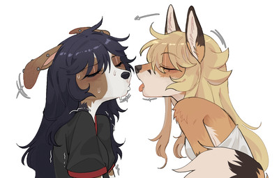 a anthro anthro_on_anthro biped blush breasts clothed clothed_anthro clothed_female clothing duo ear_piercing eyes_closed female female/female fur hair industrial_piercing interspecies piercing shirt side_view simple_background t-shirt tail teeth tongue topwear raccoattack canid canine canis domestic_dog fox mammal 2026 digital_drawing_(artwork) digital_media_(artwork)