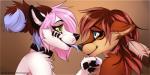 anthro blue_eyes brown_body brown_fur brown_hair duo feathers female fur green_eyes hair jewelry kissing licking necklace pink_hair simple_background smile tongue tongue_out white_body white_fur gorsha_pendragon gorsha_(character) selina_zifer canid canine canis mammal wolf 2017 2:1 digital_media_(artwork) shaded watermark