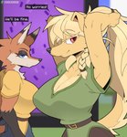 anthro big_breasts breasts cleavage clothed clothing dialogue duo eyelashes female fur huge_breasts looking_at_viewer nether_portal portal pupils text topwear cooliehigh microsoft minecraft mojang xbox_game_studios alex_(minecraft) ari_(minecraft) ginger_(cooliehigh) pepper_(cooliehigh) canid canine fox mammal hi_res