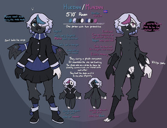 3_toes 5_fingers anthro balls beak biped black_beak black_boots black_bottomwear black_clothing black_footwear black_jacket black_skirt black_topwear blue_clothing blue_eyes blue_footwear blue_highlights blue_socks boots bottomwear breasts clothed clothed_anthro clothed_female clothing dialogue duo eyebrows feet female fingers footwear front_view fully_clothed fully_clothed_anthro fully_clothed_female genitals hair hair_over_eye highlights_(coloring) icelandic_flag jacket looking_at_viewer magenta_eyes magenta_highlights male navel non-mammal_hair nude nude_anthro nude_male penis pronouns scarf scuted_feet scuted_hands scutes shoes skirt smile socks speech_bubble standing stated_height stated_species text toes topwear vitiligo white_eyebrows white_hair wings mewgle huginn_(mewgle) muninn_(mewgle) avian bird corvid corvus_(genus) oscine passerine raven 2026 dated digital_drawing_(artwork) digital_media_(artwork) english_text hi_res model_sheet signature