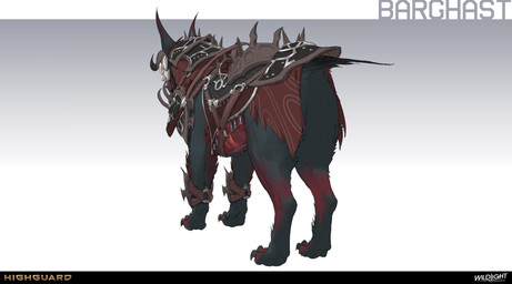 3_toes ambiguous_feral ambiguous_gender armor black_armor black_body black_claws black_fur black_tail bone bone_mask brown_inner_ear_fluff chest_scar claws clothed clothed_ambiguous clothed_feral clothing company_name feet feral fur gradient_background greaves horned_mask inner_ear_fluff leg_markings light markings mask multicolored_body multicolored_fur open_mouth orange_scar paws quadruped red_clothing red_markings red_tail red_topwear saddle scar simple_background skull skull_mask solo standing tail text three-quarter_view toe_claws toes topwear tuft two_tone_tail white_mask nicholas_patrick_kelana highguard_(game) barghast_(highguard) canid canid_demon demon mammal 2026 absurd_res colored concept_art digital_drawing_(artwork) digital_media_(artwork) english_description english_text hi_res lighting official_art shaded
