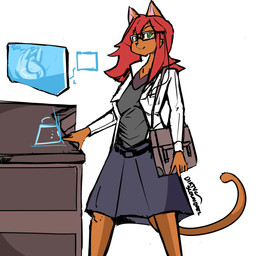 bag bottomwear breasts clothing coat computer desk electronics eyewear female furniture glasses green_eyes grey_clothing grey_shirt grey_topwear hair keyboard looking_at_viewer red_hair satchel science_fiction shirt skirt slim small_waist solo standing table tan_body topwear dirtyscoundrel felid feline mammal 1:1 hi_res sketch