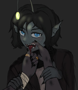 anthro bandage bandaged_arm bite_mark black_hair black_nails blue_eyes blush colored_nails duo ear_fins esca fin grey_body grey_skin hair long_tongue looking_at_viewer male nails sharp_teeth split_form teeth tongue lexel732 pressure_(roblox) sebastian_solace_(pressure) aquatic merfolk