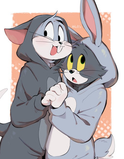 4_fingers anthro black_eyes black_nose blush buckteeth clothed clothing daww duo fingers fur hand_holding hug interlocked_fingers iris kigurumi looking_at_viewer looking_away male male/male male_anthro onesie open_mouth teeth tongue whiskers white_sclera yellow_sclera gz8ty looney_tunes metro-goldwyn-mayer tom_and_jerry warner_brothers bugs_bunny thomas_cat domestic_cat felid feline felis lagomorph leporid mammal rabbit 2023 digital_media_(artwork) hi_res