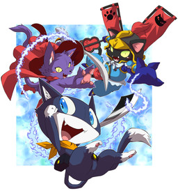 3_toes 4_fingers ambiguous_gender anthro armor banner belt black_body black_fur black_nose blue_clothing blue_eyes blue_footwear blue_gloves blue_handwear blue_shoes blush boots border bottomless bottomless_anthro butt cape cheek_tuft clothed clothing costume cute_fangs facial_tuft fangs featureless_crotch feet fingers fist floating footwear fully_clothed fur gloves gloves_(marking) green_sclera group handwear hat head_tuft headgear headwear helmet holding_object holding_weapon inner_ear_fluff katana kerchief leg_markings light logo markings mask melee_weapon mostly_nude open_mouth open_smile pawpads pink_pawpads pose pupils purple_body purple_fur purple_tail raised_fist raised_hand red_boots red_cape red_clothing red_footwear red_hat red_headwear samurai shoes simple_background slit_pupils smile socks_(marking) sword tail tail_markings teeth text toes tool_belt topwear trio tuft warrior weapon white_background white_body white_border white_fur white_markings white_sclera yellow_kerchief chibineco atlus celtic_mythology european_mythology megami_tensei mythology persona_(series) persona_5 sega cait_sith_(megami_tensei) morgana_(persona) cat-sith domestic_cat felid feline felis mammal tuxedo_cat 2025 absurd_res colored digital_drawing_(artwork) digital_media_(artwork) english_text flat_colors hi_res lighting shaded