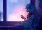 blue_hair detailed_background fire hair looking_outside looking_through looking_through_window male match raining semi-anthro smile solo window window_seat rodrigues404 hasbro my_little_pony fan_character equid hybrid mammal 2017 animated digital_media_(artwork) short_playtime