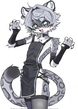 anthro apron apron_only arm_warmers armwear blush bodily_fluids claws clothing collar dripping femboy fur grey_body grey_fur legwear male saliva saliva_drip simple_background solo thigh_highs white_background tarashi felid mammal pantherine snow_leopard hi_res