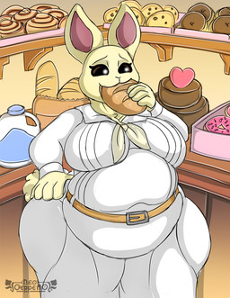 anthro belly belt big_belly big_breasts big_butt breasts butt clothed clothing curvy_figure eating eating_food feeding female fur hair horn huge_breasts huge_butt huge_hips huge_thighs hyper hyper_breasts inflation nipples open_mouth overweight overweight_anthro overweight_female slightly_chubby smile solo text thick_thighs tight_clothing voluptuous weight_gain wide_hips neo_geppetto beastars haru_(beastars) domestic_rabbit dwarf_rabbit lagomorph leporid mammal oryctolagus rabbit absurd_res digital_media_(artwork) hi_res