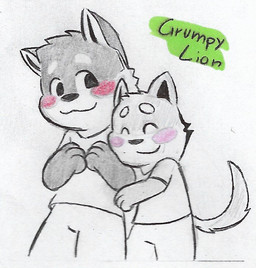anthro blush chibi countershading duo hug male male/male simple_background smile grumpy-lion lagoon_lounge kuugo_(lagoon_lounge) seiya_inami canid canine canis domestic_dog husky mammal nordic_sled_dog spitz