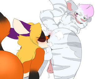ambiguous_gender anthro anus balls blonde_hair blush bodily_fluids butt butt_sniffing duo eyes_closed fur genital_fluids genitals hair humanoid_genitalia humanoid_penis looking_back male musk nose_to_anus nude open_mouth penis precum simple_background smile sniffing teeth white_body white_fur backsash desmond_(ceeb) sash_(backsash) canid canine felid fox hybrid mammal pantherine procyonid raccoon tiger 2019 digital_media_(artwork) hi_res sketch