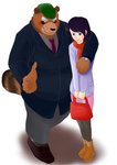 anthro bottomwear brown_body brown_fur clothing duo female fur hug kemono male overweight overweight_male pants scarf shirt simple_background topwear white_background kuma_(pixiv_881259) kumadasi canid canine human mammal raccoon_dog tanuki 2012 hi_res