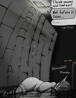 abandoned_building ball_and_chain big_breasts blindfold bound breasts chain chained collar cuff_(restraint) facial_piercing female gag gagged hair ladder long_hair nipple_piercing nipples nose_piercing offscreen_character peril piercing restraints sewer_grate shackles solo stone_wall text thick_thighs thigh_belt voluptuous_female wall_(structure) water wet wet_body ember-shade elf humanoid absurd_res black_and_white english_text hi_res monochrome