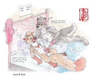 animal_genitalia animal_penis anthro aroused balls bed bodily_fluids canine_genitalia canine_penis contest cum cum_on_balls cum_on_bed cum_on_body cum_on_face cum_on_penis duo erection eyewear furniture genital_fluids genitals goggles jewelry knot lying male male/male masturbation multiple_orgasms necklace nipples on_bed orgasm orgasm_face pawpads paws penis pillow rivalry text tissue_box zear fennec_(artist) leon_(kelbalrai) canid canine canis domestic_dog hybrid mammal mustelid musteline stoat true_musteline weasel wolf wolfdog english_text hi_res
