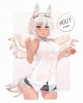 amber_eyes blush bottomwear breasts butt clothed clothing feathers female hair looking_at_viewer open_mouth shorts solo speech_bubble standing tail tail_feathers text white_body white_feathers white_hair wings ehrrr animal_humanoid avian avian_humanoid bird_humanoid humanoid owl_humanoid 2017 english_text hi_res