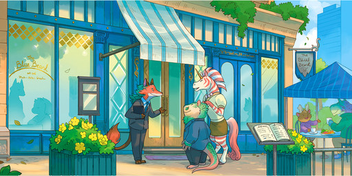 anthro bottomwear brown_body brown_fur building business_suit chair clothing container cup day detailed_background eyes_closed female flower food fur furniture green_body green_hair group hair horn jewelry male outside plant restaurant shirt sign sitting skirt smile standing suit table tail topwear window sandara critter_kitchen mythology canid canine equid equine fox mammal mythological_creature mythological_equine reptile scalie unicorn 2025 hi_res official_art