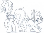 2014 black_and_white blue_and_white blush boxer_briefs briefs butt clothing cutie_mark digital_drawing_(artwork) digital_media_(artwork) duo equid equine feathered_wings feathers female feral fluttershy_(mlp) friendship_is_magic hair hasbro line_art mammal monochrome my_little_pony mythological_creature mythological_equine mythology pegasus presenting presenting_hindquarters rainbow_dash_(mlp) standing stoic5 underwear wings