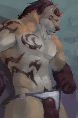 abdominal_tattoo animal_genitalia animal_penis anthro arm_markings arm_tattoo asymmetrical_markings back_tattoo balls body_hair body_tattoo brown_arms brown_body brown_fur brown_hair butt canine_genitalia canine_penis cheek_tuft chest_tattoo clothing clothing_pull ear_tuft facial_tuft fluffy fur genitals gloves_(marking) hair happy_trail jockstrap leg_markings long_hair looking_at_genitalia looking_at_penis loose_hair male male/male markings multicolored_body multicolored_fur muscular muscular_anthro muscular_male navel navel_tattoo nipple_tattoo nipples nude penis pubes pubic_tattoo rib_tattoo sheath simple_background solo tail tan_body tan_fur tattoo tattoo_on_shoulder torso_length_tattoo tribal tribal_tattoo tuft underwear underwear_pull waist_tattoo kinokami roy_beedrill canid canine canis mammal wolf 2:3 absurd_res digital_media_(artwork) hi_res