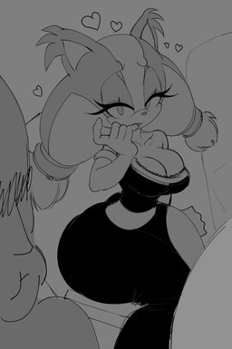 anthro big_breasts bite black_clothing black_dress black_nose blush blush_lines breasts chair cleavage cleavage_overflow clothed clothing collarbone dress duo ear_tuft eyelashes female finger_bite finger_in_mouth fur furniture glistening glistening_eyes grey_background hair looking_at_viewer male male/female narrowed_eyes simple_background sitting solo sticks_naughty_face teeth teeth_showing thick_eyelashes tuft twintails_(hairstyle) mekaatomic sega sonic_boom sonic_the_hedgehog_(series) anon sticks_the_jungle_badger badger human mammal mustelid musteline absurd_res greyscale hi_res monochrome
