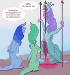 blood blood_in_mouth blue_body blue_hair bodily_fluids body_on_stake death dialogue disembowelment eyes_closed female feral fully_impaled gore green_body green_hair group guts hair hands_behind_back head_on_stake heart_symbol immortality impalement intestines masochism open_mouth organs speech_bubble text tongue tongue_out kimirera asian_mythology disney east_asian_mythology mythology raya_and_the_last_dragon sisu_(ratld) dragon eastern_dragon mythological_creature mythological_scalie scalie digital_media_(artwork) english_text