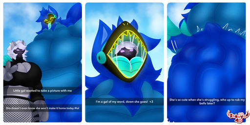 4_fingers anthro belly belly_slap big_belly big_breasts blonde_hair blue_body blue_eyes blue_fur blue_hair blue_skin bodily_fluids breasts claws cleavage_cutout clothed clothing comic_panel cutout cybernetics duo female fingers fishnet_clothing fishnet_legwear forced fur grey_body hair hand_on_shoulder hoodie huge_belly legwear long_tail machine onomatopoeia open_mouth prey_outline protogen_visor saliva saliva_on_tongue same_size_vore simple_background size_difference slap sound_effects spots tail text topwear unwilling_prey vore vore_sequence willing_prey yellow_eyes sokoyo_owo snapchat starry_(sokoyo_owo) amphibian aquatic axolotl canid canine cyborg felid fish hybrid mammal mole_salamander pantherine protogen salamander shark snow_leopard absurd_res comic english_text hi_res