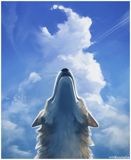 anthro backlighting black_nose blue_sky brown_body brown_fur cloud cloudy_sky contrail countershading detailed_fur ears_back fur inner_ear_fluff light looking_up low-angle_view male neck_tuft pivoted_ears sky skyscape smile solo tuft whiskers white_body white_fur kounalix canid canine canis mammal wolf 2026 clip_studio_paint_(artwork) cool_colors detailed digital_media_(artwork) hi_res lighting