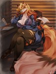 anthro big_breasts bodily_fluids bra breasts chair clothing drooling female furniture legwear office office_chair saliva solo stockings thick_thighs torn_clothing torn_legwear torn_stockings underwear bunnywhiskerz remillia_pherotas_(digi5) canid canine fox mammal 3:4 absurd_res hi_res