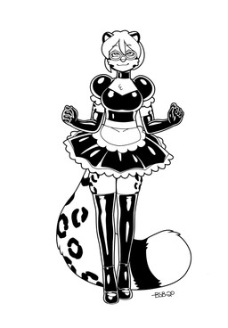 anthro apron breasts choker clothing eyewear female glasses gloves hair handwear jewelry latex looking_up maid_uniform necklace short_hair simple_background smile solo standing uniform white_background blackshirtboy felid leopard mammal pantherine 2020 hi_res monochrome