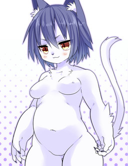 anthro blush female fur kemono navel nude pattern_background simple_background slightly_chubby slightly_chubby_female smile solo standing white_body white_fur mofuaki domestic_cat felid feline felis mammal 2013