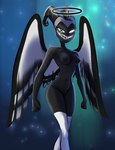 black_body black_feathers breasts feathers female genitals glowing glowing_eyes grey_body grey_feathers halo horn looking_at_viewer nipples open_mouth open_smile pussy simple_background smile solo thick_thighs wings devilsroost third-party_edit hazbin_hotel exorcist_(hazbin_hotel) lute_(hazbin_hotel) angel angel_humanoid humanoid hi_res