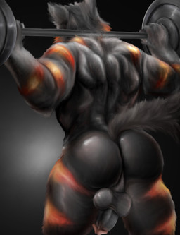 anthro back_muscles backsack balls biceps black_background black_body black_fur butt erection exercise fur genitals gradient_background grey_background humanoid_genitalia humanoid_penis male multicolored_body multicolored_fur muscular muscular_anthro muscular_male nude nude_workout orange_stripes penis raised_tail rear_view red_body red_fur red_stripes simple_background solo standing stripes tail weightlifting weights workout killianwalker mythology canid canine canis mammal mythological_canine mythological_creature werecanid werecanine werecreature werewolf wolf 2017 hi_res portrait three-quarter_portrait