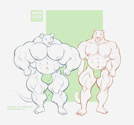 abs anthro areola balls big_balls big_bulge big_muscles bulge clothed clothing comparison duo ear_piercing genitals huge_muscles hyper hyper_muscles male male/male markings mouse_mountain muscular muscular_male nipples pecs piercing simple_background text thick_thighs topless underwear vein veiny_muscles purrcules_(artist) benji_(mainlion) clouded_leopard felid mammal mouse murid murine pantherine rodent 2017 url
