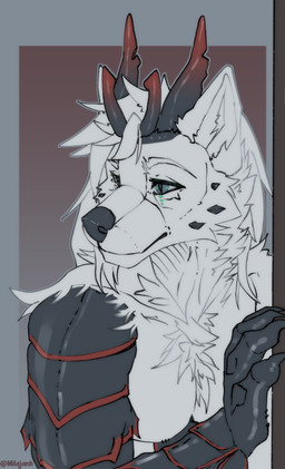 anthro armor black_body black_horn black_sclera blue_eyes bodily_fluids chest_tuft claws crying fur green_eyes hair horn male red_horn sad scales simple_background solo tears tuft white_body white_fur white_hair milajanh mythology canid canine canis dragon hybrid mammal mythological_creature mythological_scalie scalie wolf 2025 absurd_res digital_media_(artwork) hi_res portrait