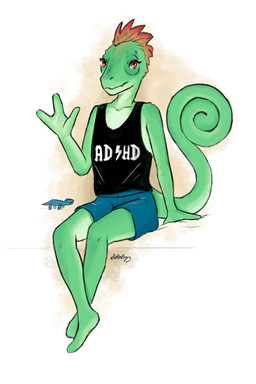3_fingers ambiguous_gender anthro bottomwear clothing fingers gesture green_body hair looking_at_viewer plushie red_eyes red_hair scales shirt shorts silly smile solo tail tank_top topwear waving waving_at_viewer ellathefoxy fan_character chameleon lizard reptile scalie 2:3 hi_res