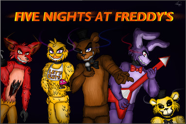 anthro bow_(feature) bow_tie clothing electric_guitar exposed_endoskeleton glowing glowing_eyes group guitar hat headgear headwear holding_musical_instrument holding_object hook hook_hand machine musical_instrument pirate playing_guitar playing_music plucked_string_instrument simple_background string_instrument top_hat sammytheanimatronic five_nights_at_freddy's scottgames bonnie_(fnaf) chica_(fnaf) cupcake_(fnaf) foxy_(fnaf) freddy_(fnaf) golden_freddy_(fnaf) animatronic avian bear bird canid canine chicken fox galliform lagomorph leporid mammal phasianid rabbit robot 2016 digital_media_(artwork)