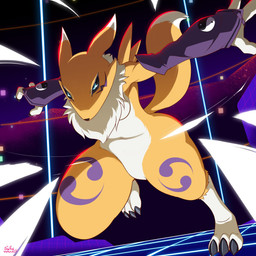 action_pose anthro arms_out armwear black_sclera blue_eyes breasts bridal_gauntlets chest_tuft claws clothing countershade_torso countershading diamond_storm dipstick_ears double_tomoe ear_markings female fur gloves_(marking) leg_markings markings multicolored_ears navel pose raised_tail socks_(marking) solo tail thick_thighs tomoe_(symbol) tuft white_body white_fur wide_hips yellow_body yellow_fur yin_yang gp2r403ddc3j2mk bandai_namco digimon canid digimon_(species) mammal renamon 2026 digital_drawing_(artwork) digital_media_(artwork) hi_res