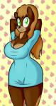 anthro apple big_breasts breasts brown_body brown_fur brown_hair cleavage clothed clothing dress eyelashes female food fruit fur green_eyes hair hands_behind_head huge_breasts plant smile solo keboponda wally_bear_and_the_no!_gang bear mammal