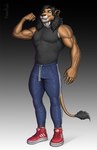4_toes 5_fingers anthro biceps big_muscles biped black_clothing black_hair black_nose black_pawpads black_shirt black_tank_top black_topwear broad_shoulders cheek_tuft chest_tuft chin_tuft claws clothed clothed_anthro clothed_male clothing facial_tuft feet finger_claws fingers fist flexing flexing_bicep forearm_muscles front_view fur gradient_background green_eyes hair jogging_pants long_hair looking_at_viewer male muscular muscular_anthro muscular_male pawpads paws plantigrade pose serratus shirt simple_background smile snaggle_teeth solo standing tail tail_tuft tan_body tan_fur tank_top toe_claws toes topwear tuft vein veiny_arms white_body white_claws white_fur barakkuda felid lion mammal pantherine 2024 full-length_portrait hi_res portrait shaded soft_shading