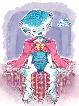 4_eyes 5_fingers barefoot belt biped blue_blush blue_body blue_clothing blue_shirt blue_skin blue_text blue_tongue blue_topwear blue_tunic blush blush_lines brown_belt cape clothed clothed_female clothed_humanoid clothing collarbone dialogue ear_blush eyes_closed feet female female_humanoid fingers flat_chested front_view glistening glistening_eyes happy head_tilt membrane_(anatomy) multi_eye multicolored_body multicolored_skin open_mouth open_smile pink_cape pink_clothing purple_eyes sharp_teeth shirt sitting smile solo talking_to_another teeth text toes tongue topwear tunic two_tone_body two_tone_skin water webbed_feet wet white_body white_skin young young_female young_humanoid lewlem nintendo ocarina_of_time the_legend_of_zelda princess_ruto animal_humanoid aquatic aquatic_humanoid humanoid zora 2026 3:4 english_text