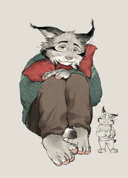 anthro bottomwear brown_bottomwear brown_clothing brown_pants clothing front_view green_clothing green_sweater green_topwear hand_on_knee hand_on_leg hug hugging_object hugging_pillow male pants pillow simple_background sitting smile solo sweater topwear yellow_eyes beau_555 disney zootopia pawbert_lynxley canada_lynx felid feline lynx mammal